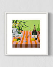 Load image into Gallery viewer, “Bubbles for two on a pink and orange tablecloth” Limited Edition Print