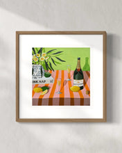 Load image into Gallery viewer, “Bubbles for two on a pink and orange tablecloth” Limited Edition Print