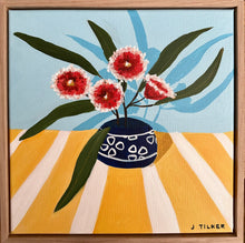 Load image into Gallery viewer, “Red blossoms on a striped yellow tablecloth” Original Artwork
