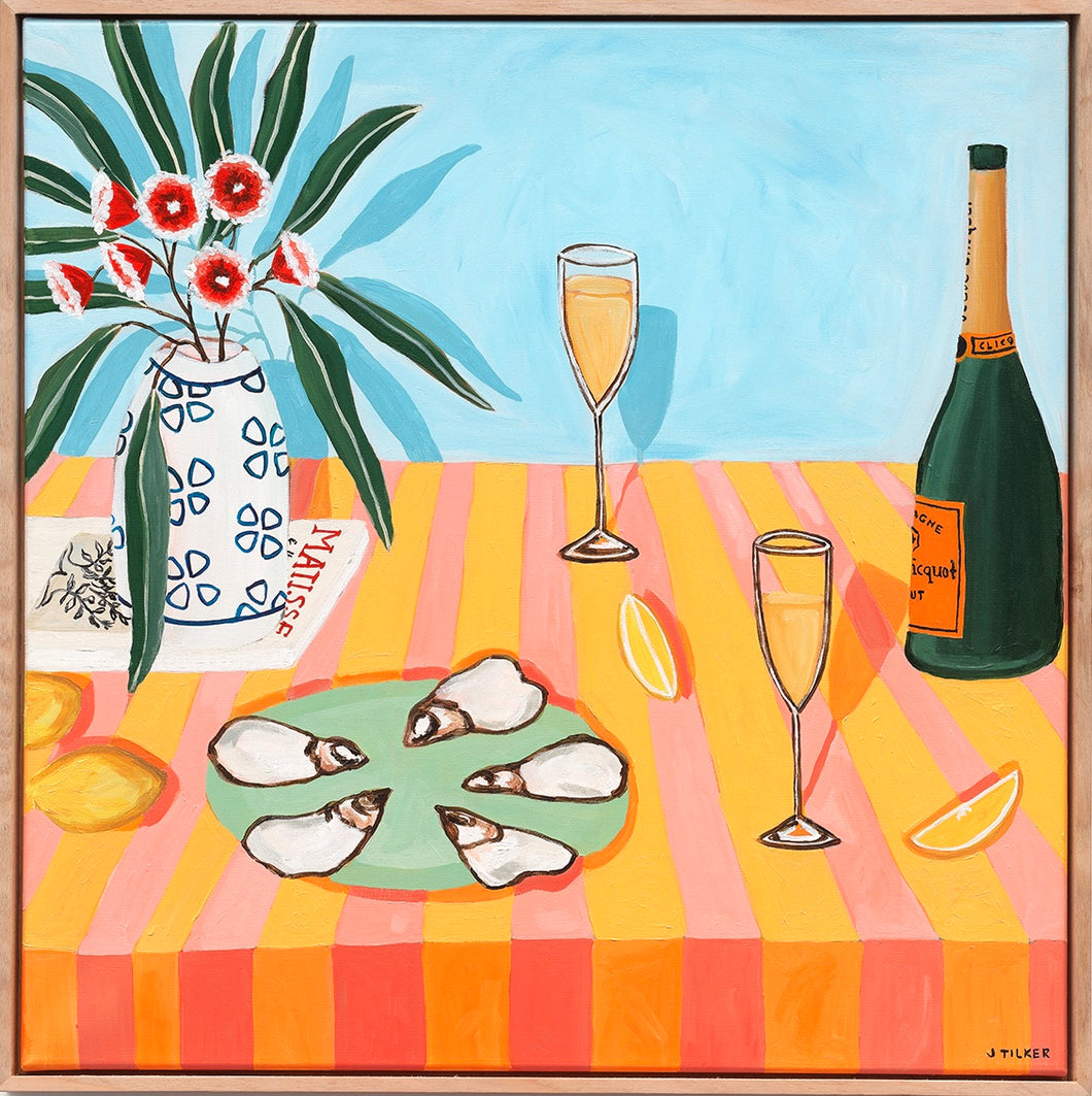 “Bubbles and oysters on pink and yellow