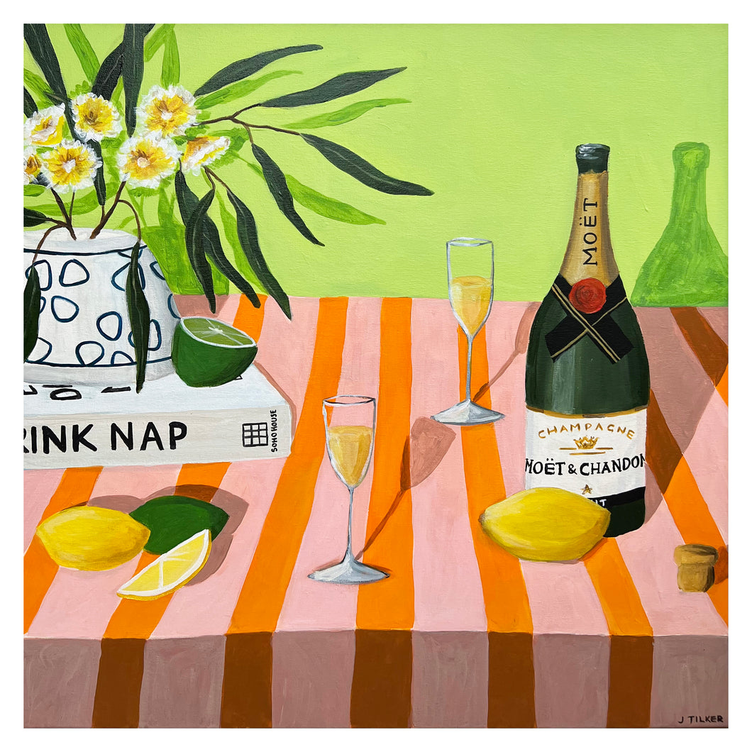 “Bubbles for two on a pink and orange tablecloth” Limited Edition Print